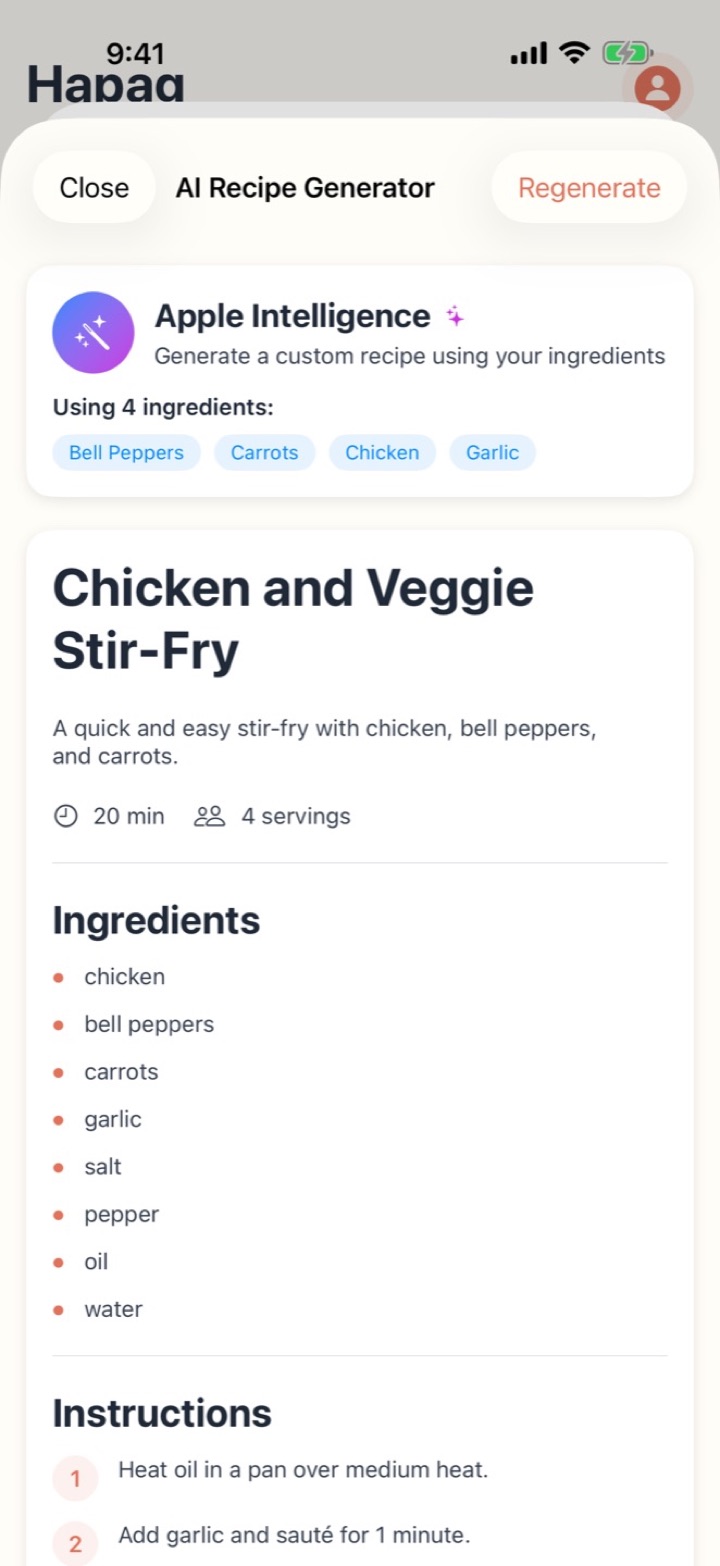 AI Recipe Generator showing a Chicken and Veggie Stir-Fry made from four ingredients
