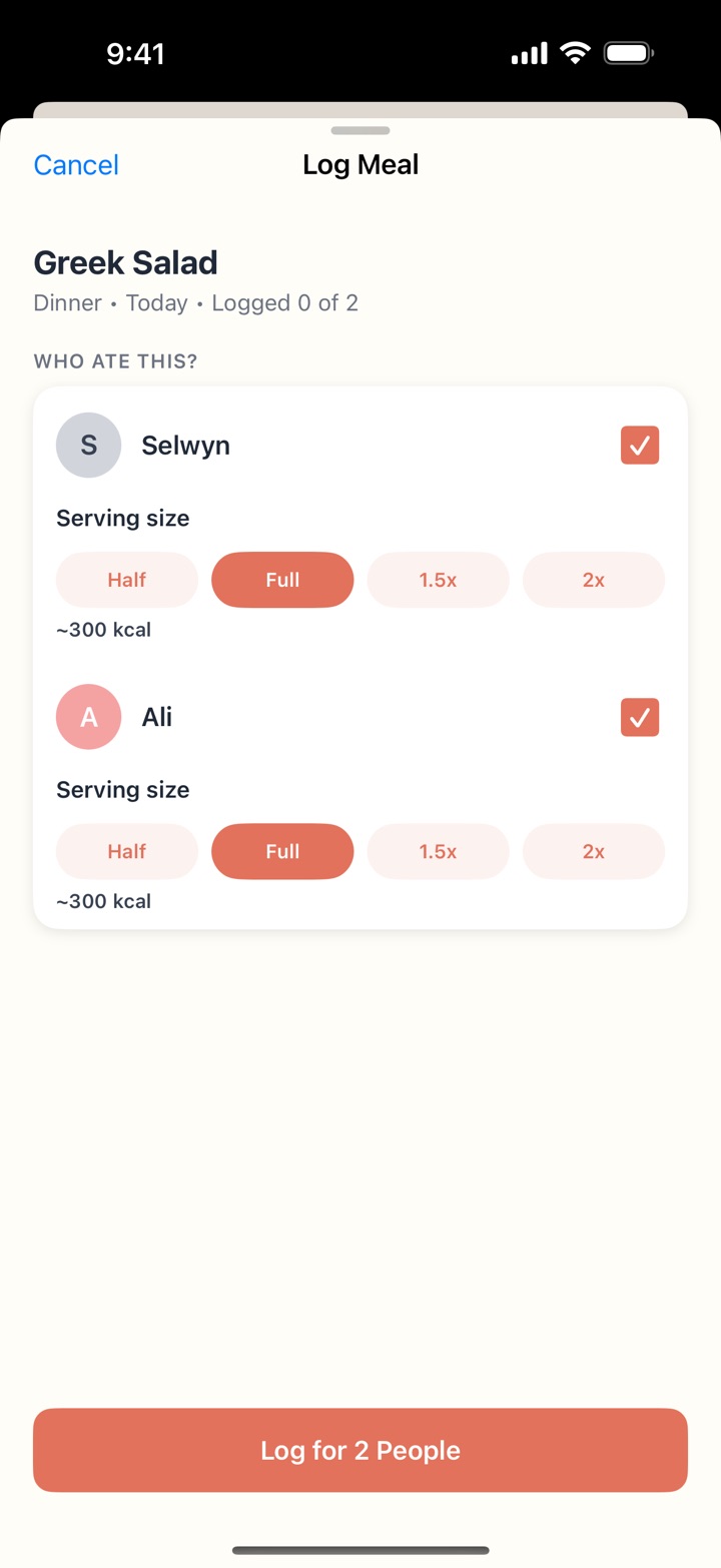 Log Meal asking who ate this, with a serving size for each person and a Log for 2 People button
