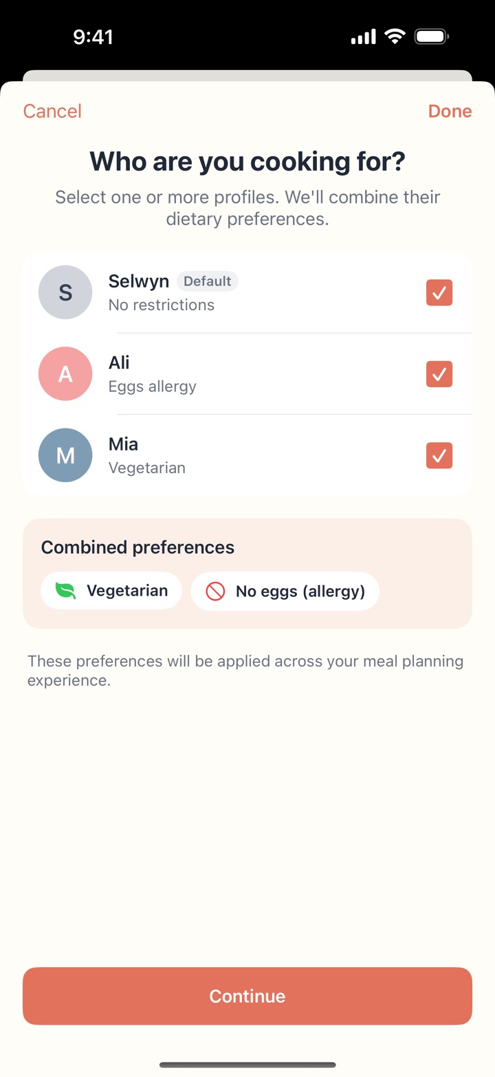 Who are you cooking for? with three people picked and their combined preferences: vegetarian, no eggs
