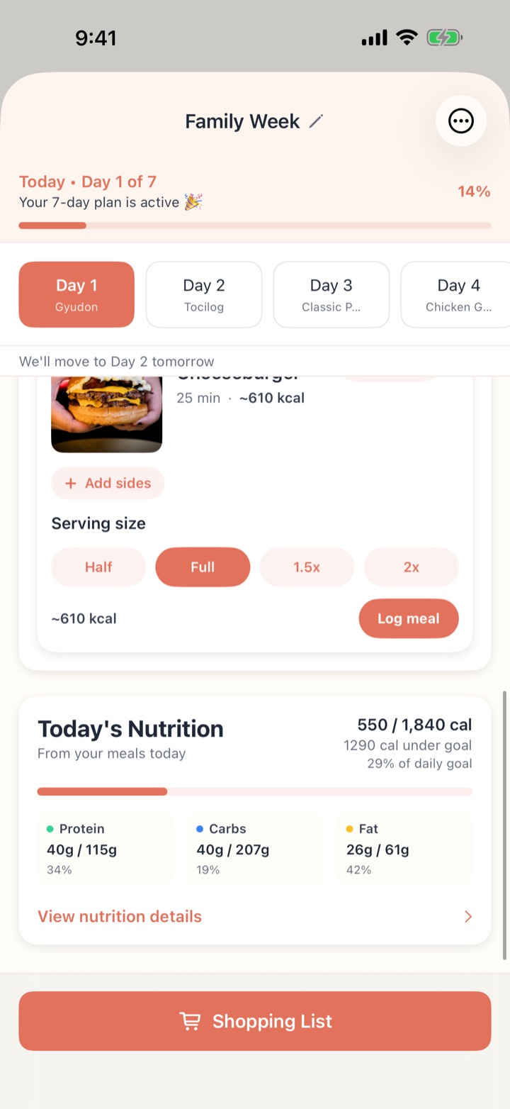 Today's Nutrition card with calories, protein, carbs and fat