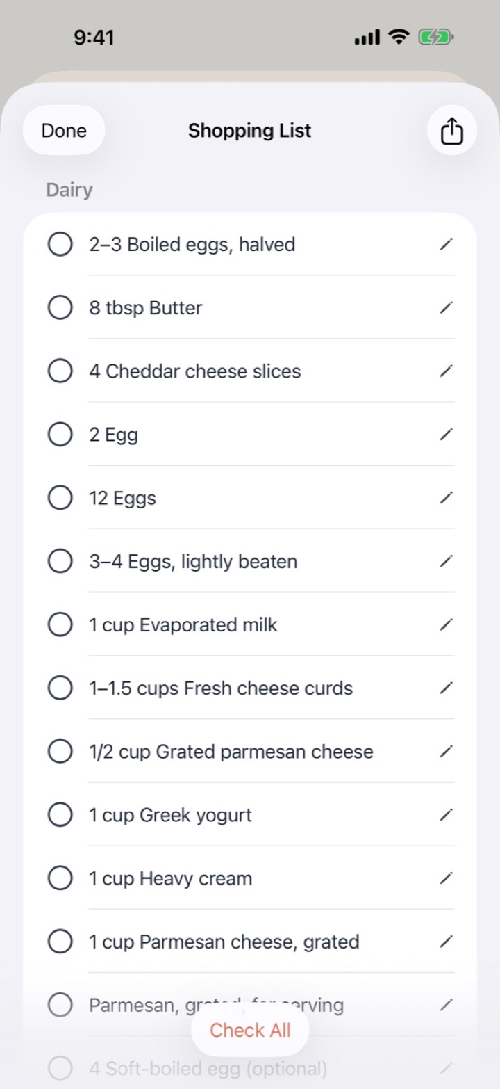 Shopping list grouped by category with items checked off