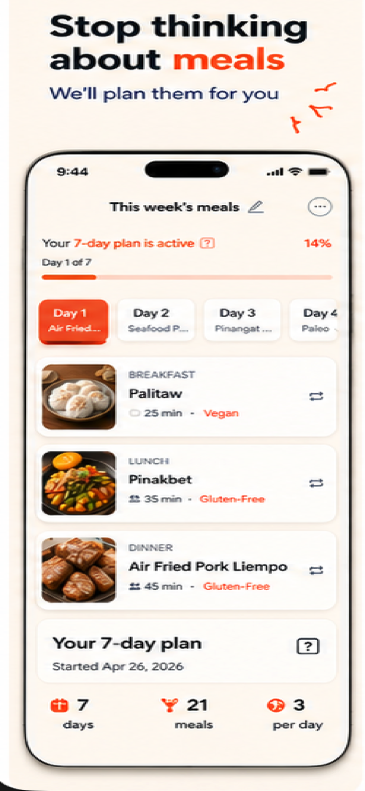 Hapag weekly meal plan screen showing a seven-day plan