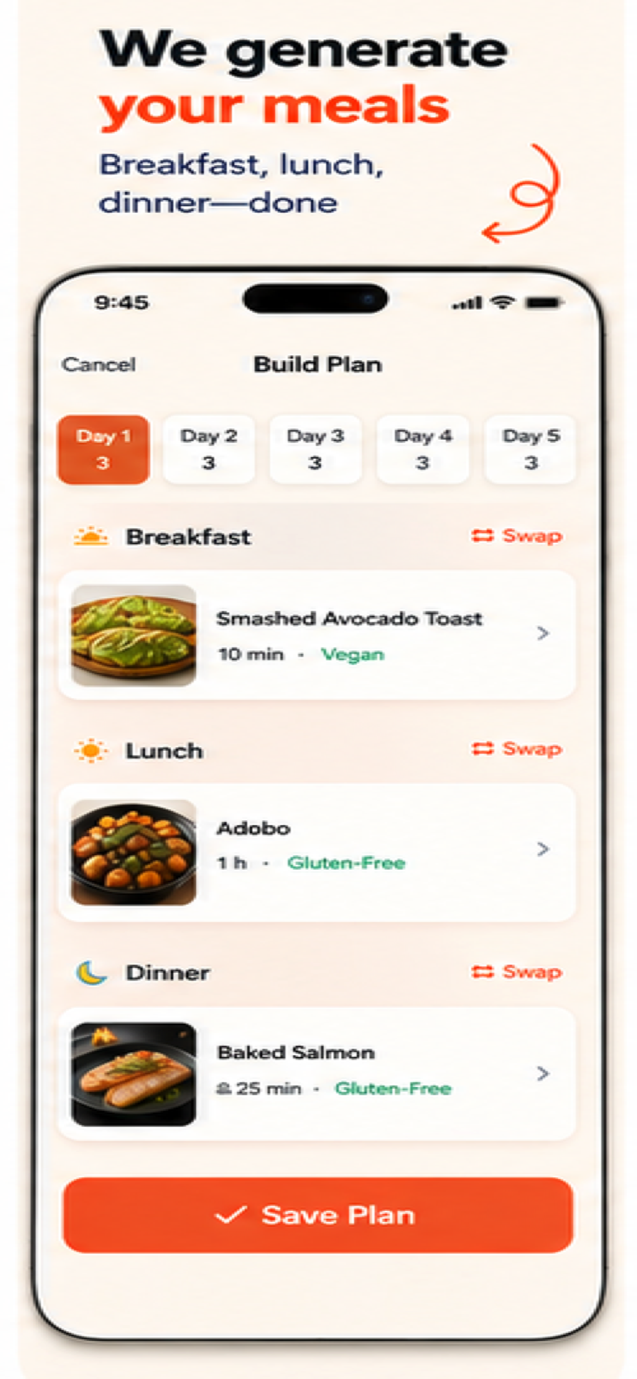 Hapag build plan screen showing generated breakfast, lunch, and dinner meals