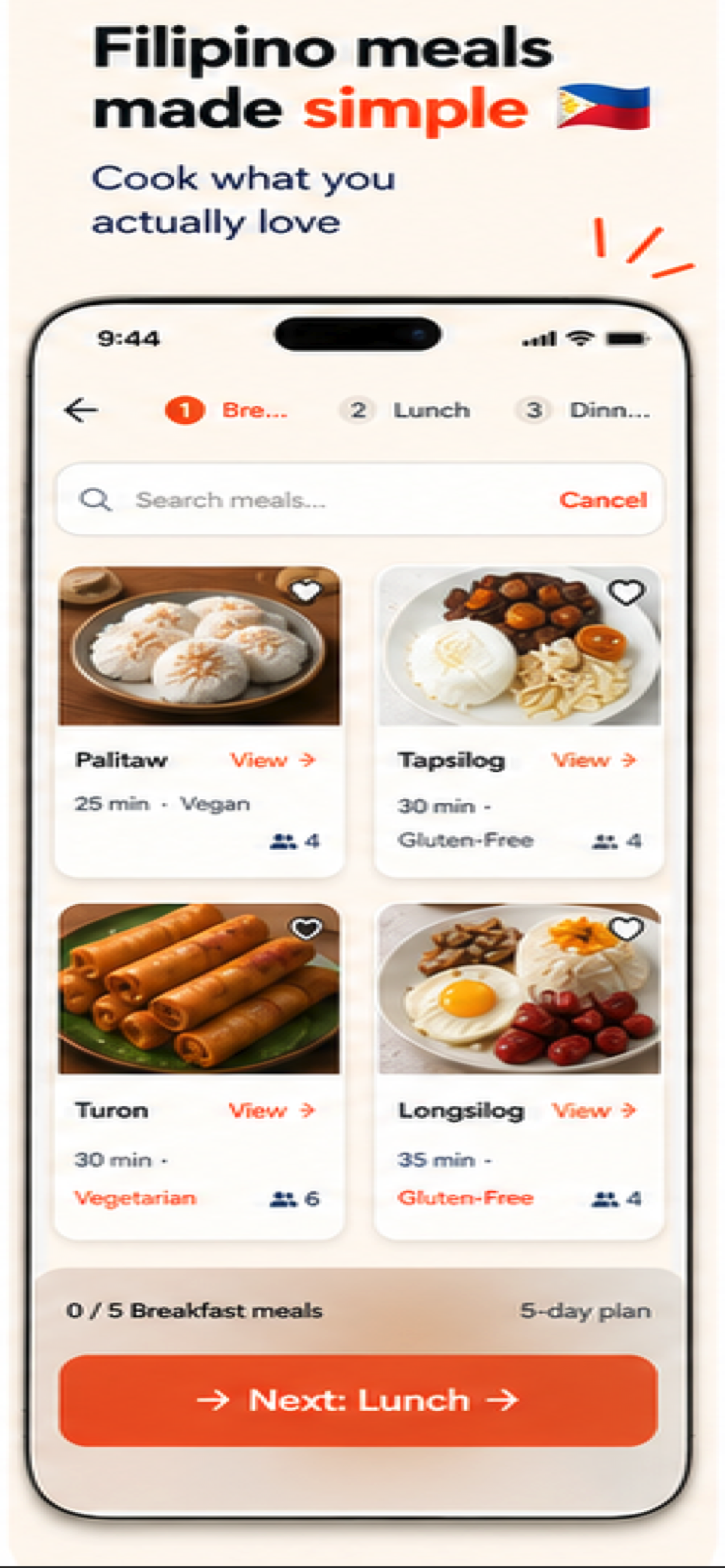 Hapag Filipino meal picker with breakfast recipe cards