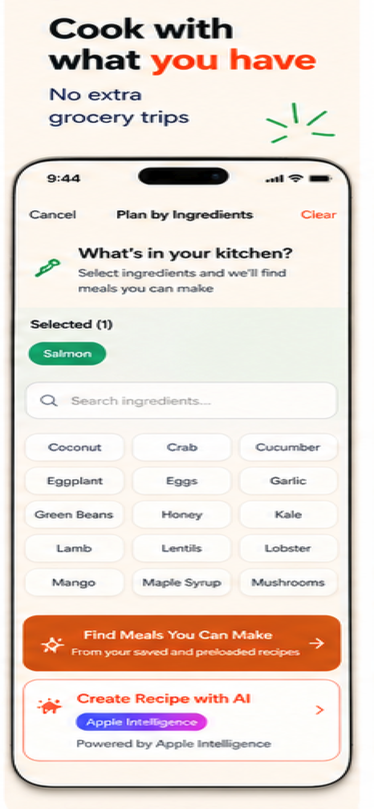 Hapag plan by ingredients screen with selected ingredients