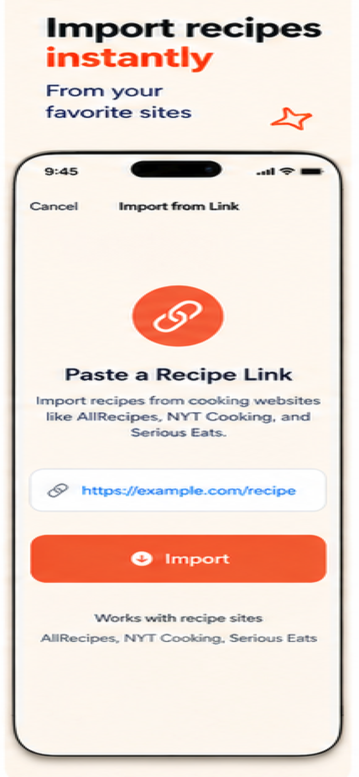 Hapag import from link screen for adding recipes from websites